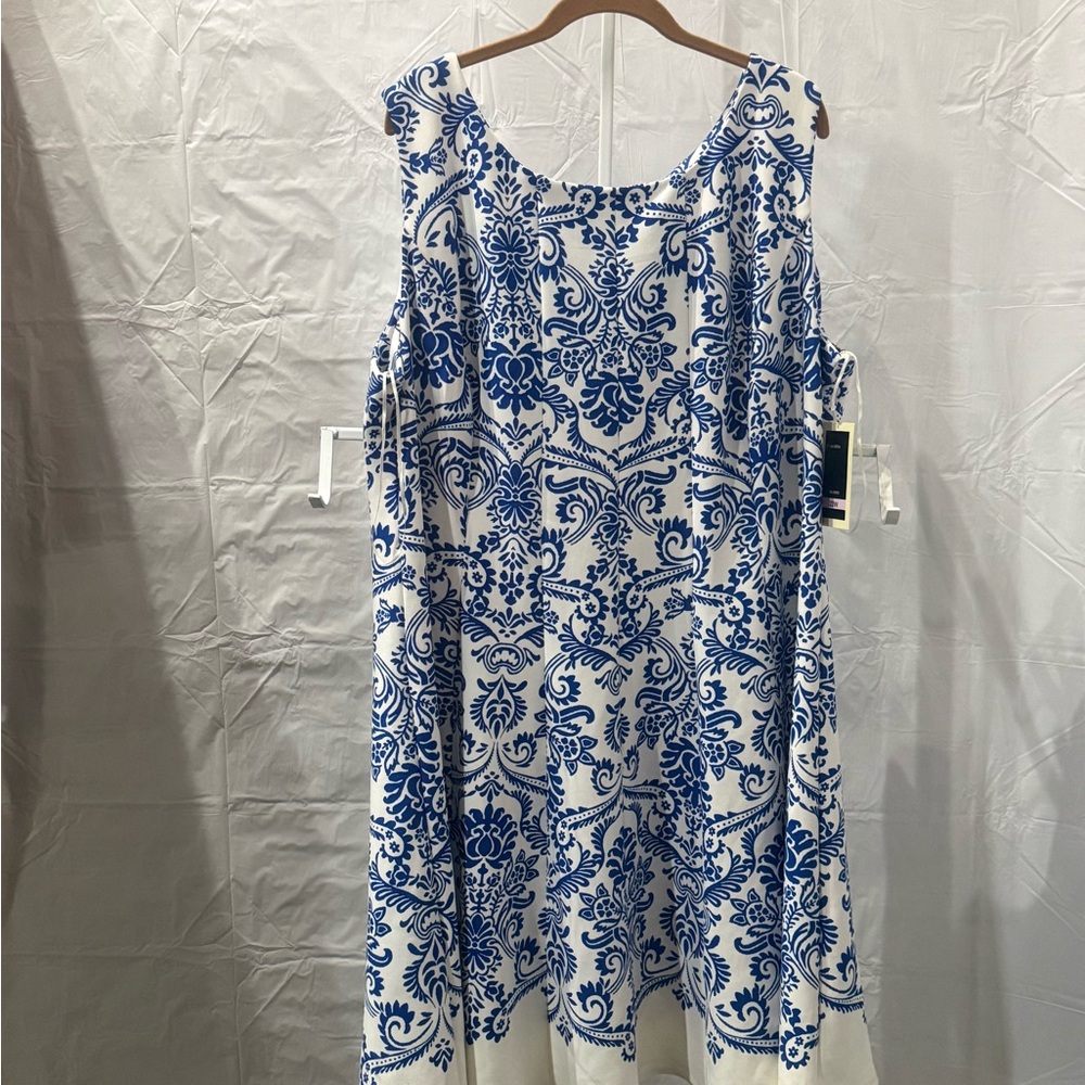 Julian Taylor White Midi Dress with Blue Floral Tile Print